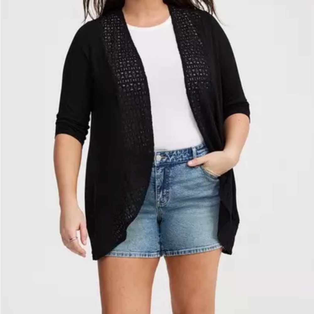 Torrid Black Open-Front Crochet Trim Cardigan. 2X